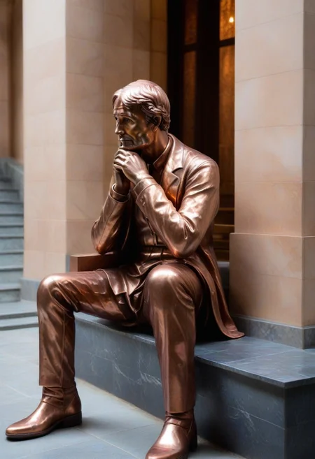 a copper statue portraying a wise man sitting on stairs, bleak, hands on chin, thinking, hopeless, depressing, enshrined in an alcove, marble church background
BREAK
CivChan