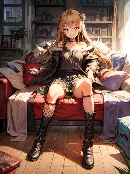 masterpiece, best quality, <lora:rfb-5:1>, rfb, skirt, smile face, game controller, indoors, sitting,