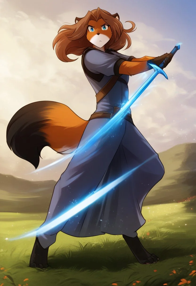 score_9, score_8_up, score_7_up, score_6_up, source_furry, rating_explicit, solo, solo focus, female, 1girl, standing, combat clothing, fighting facial expression, epic pose, He holds the hilt of the sword, The sword has a magical aura, looking at viewer, fluffy tail, field, in the field, laura-twokinds, orange fur, two toned fur, detailed, perfect hands, five fingers, full body, Blue light magical effect, Magic power runs through the sword, epic blue magic effect on sword