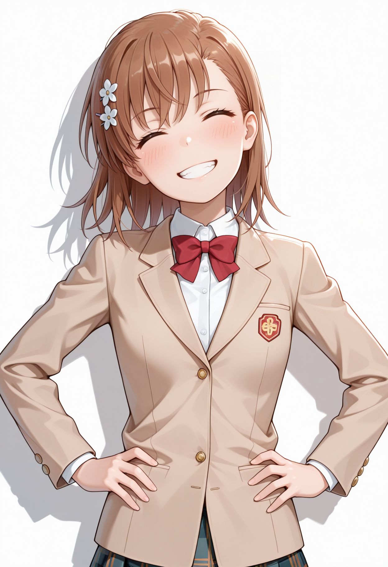 masterpiece,amazing quality,best quality,ultra-detailed,
, smile, hands on hips, white background, facing viewer,, simple background, head tilt, upper body, collarbone, blush, grin, shadow
 <lora:Misaka Mikoto :1> 1girl, brown hair, brown eyes, medium hair, hair flower, tokiwadai school uniform, winter uniform, red bowtie, brown jacket, plaid skirt, white shirt, blazer, pleated skirt, closed mouth, hairpin, collared shirt, long sleeves, miniskirt, dress shirt,