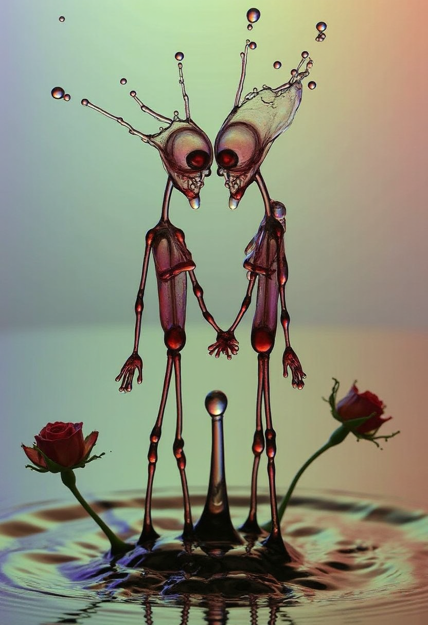 In the shape and style of a yfg-dr0p water drop splash photo of a , Heartbroken married liches, heartache, sadness, loss, melancholy, dying wilted roses growing from the ground, Tim Burton, Nicola Samori, Beksinski, dystopian surrealism, vivid color.