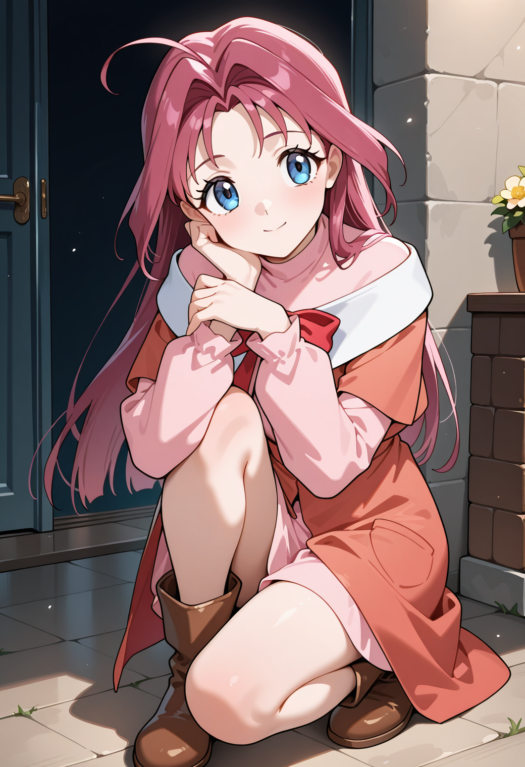 masterpiece, best quality, very aesthetic, absurdres, 1girl, solo,
<lora:kisaragi_haruna_v01:0.9>, kisaragi_haruna, haruna_casual2, pink hair, long hair, ahoge, blue eyes,
pink shirt, long sleeves, dress, red bow, brown boots, posing