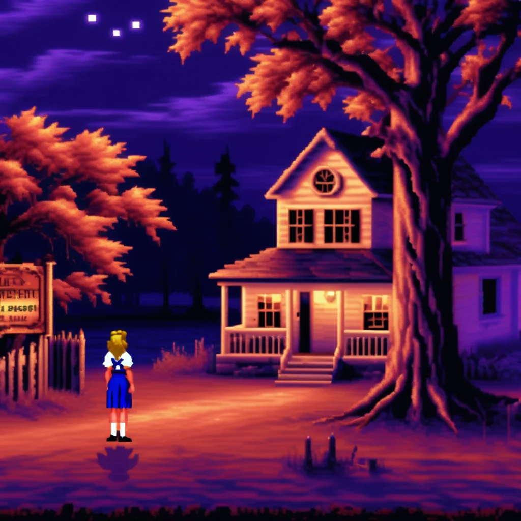 lcas artstyle, there is a female adventurer dressed as a cheerleader standing in front of a haunted house, storybook wide shot :: hd, protagonist in foreground, spooky lighting,intricate haunted mansion, lonely tree <lora:Lucasarts Artstyle - (Trigger is lcas artstyle):1>