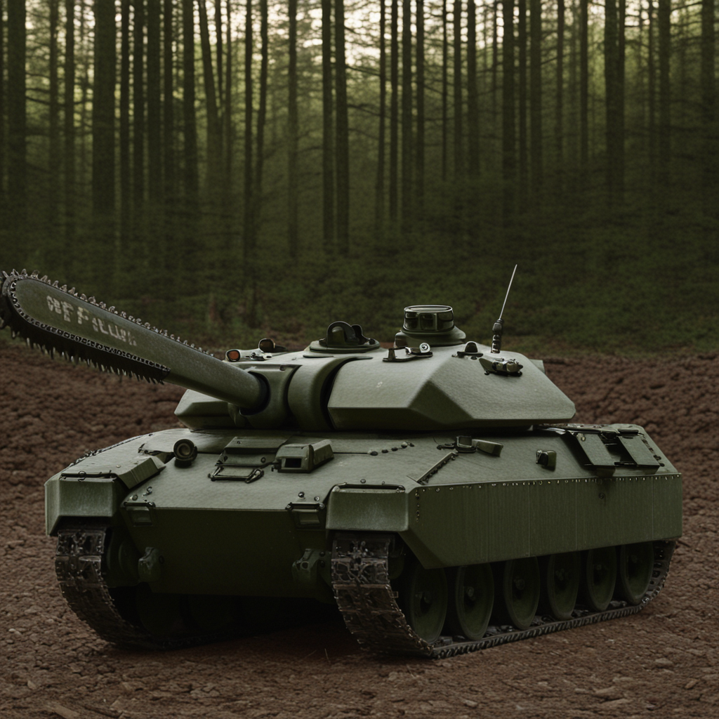 masterpiece, best quality, amazing quality, very aesthetic, high resolution, ultra-detailed, absurdres, scenery, photorealistic, Prompt, BREAK, depth of field, photorealistic details, volumetric lighting,source_photo,solo,no humans,vehicle,tank treads,chainsaw,forest,logs
