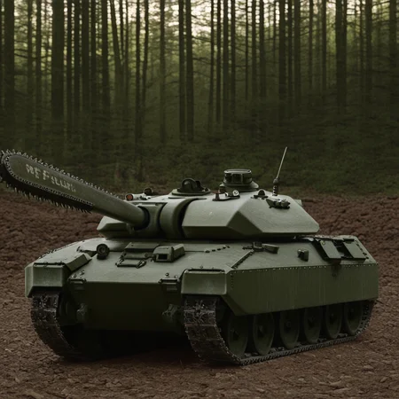masterpiece, best quality, amazing quality, very aesthetic, high resolution, ultra-detailed, absurdres, scenery, photorealistic, Prompt, BREAK, depth of field, photorealistic details, volumetric lighting,source_photo,solo,no humans,vehicle,tank treads,chainsaw,forest,logs