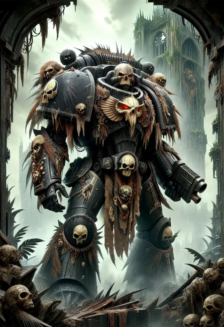 (best quality, masterpiece), drawix9, dwx9, EPSavageVerse, Space marine, Astartes, weapon, in an urban ruin, jungle ruin, destroyed gothic city, jungle trees, overgrown, spore clouds, grimdark, menacing, complex lighting, extremely detailed, detailed textures