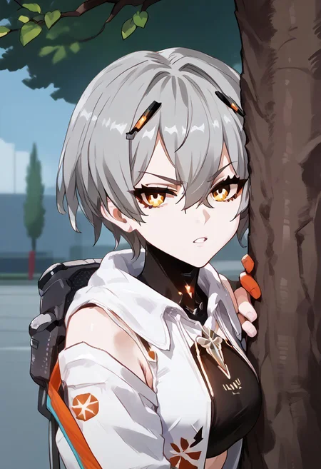 zPDXL3, score_9_up, score_8_up, score_7_up, (Anime_source), 1girl, Fulgor, mech girl, amber eyes, grey hair, short hair, Fulgor clothes, looking at viewer, peeking out, upper body, hiding behind tree, parted lips