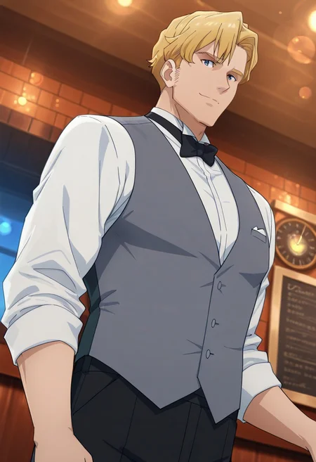 safe_pos, safe_pos, score_9, score_8_up, score_7_up, score_6_up, perfect anatomy, perfect proportions, best quality, masterpiece, high_resolution, high quality, best aesthetic, incredibly absurdres, highres, extremely detailed, huge filesize, solo male, adult, mature, masculine, manly, handsome, charming, alluring, seductive, heroic, standing, upper body, dutch angle, cowboy shot, perfect face, perfect eyes, source_anime, anime coloring, BBBSmith, Lewis Smith \(Brave Bang Bravern\), blue eyes, BBBSmith_hairstyle01, blond hair, short hair, BBBSmith_outfit15, butler outfit, white shirt, black bowtie, tuxedo bow ties, grey vest, black pants, low angle, cinematic still, emotional, harmonious, vignette, bokeh, cinemascope, moody, epic, gorgeous, indoors, cafe, (from front, front view)