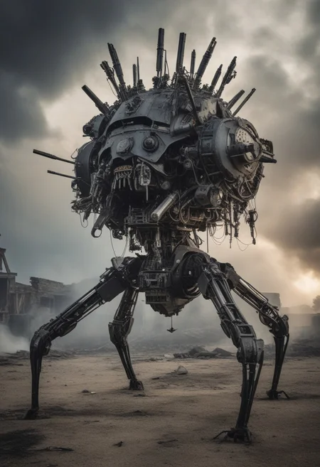 expansive Photograph overlooking (gritty, battle hardened people are seen in a strange (multi_legged_machine), ((the strange (multi_legged_machine) has an open cockpit on top , for its passengers to be seen), (it is gritty muted matte black, scratched and dented), (it has a kicker below the front grill), (many long and powerful legs with hydraulic joints and shocks), (black smoke waftes into the air from its chimney) (an arsenal of weapons is seen attached to the strange (multi_legged_machine) too)), (they outdoors in a rundown deserted village just after dusk), ((the word "RUN!" is clearly seen legibly printed on the body of the machine))
[16k, uhd, diagonal tilted photograph , extremely detailed, perfect adherence to prompt, very detailed background, double exposures (low opacity overlays) , realisticvision-negative-embedding , epiCRealism ]