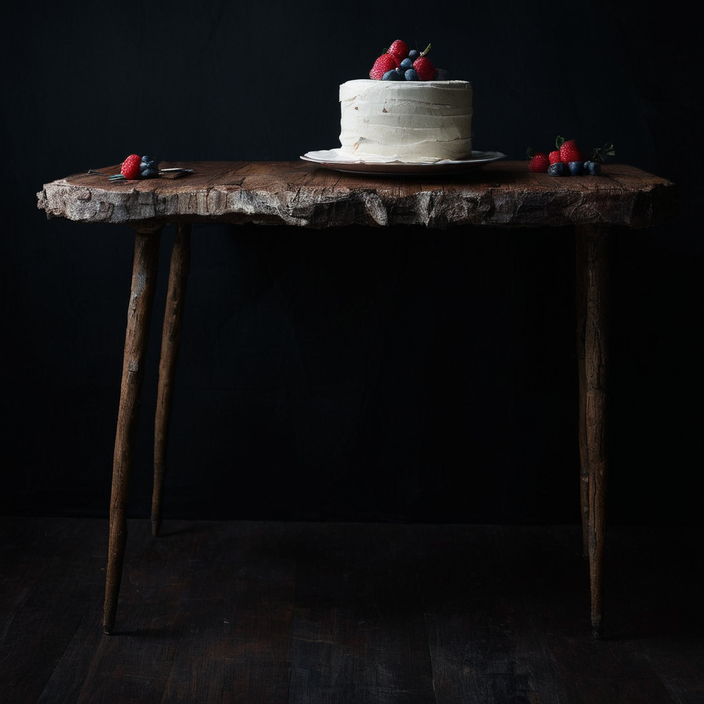 <lora:SDXL_black_and_color_Sa_May:1> a cake  wood table