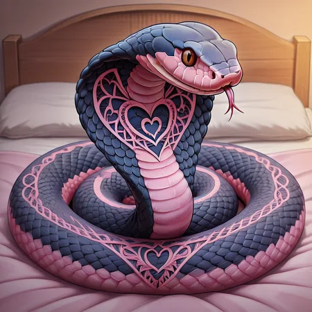 masterpiece, best quality,  <lora:NajaCobra_Illustrious:1> Naja, animal focus, no humans, in your moms bed,  kiss pattern, snake, pink pattern, black patternâââ
