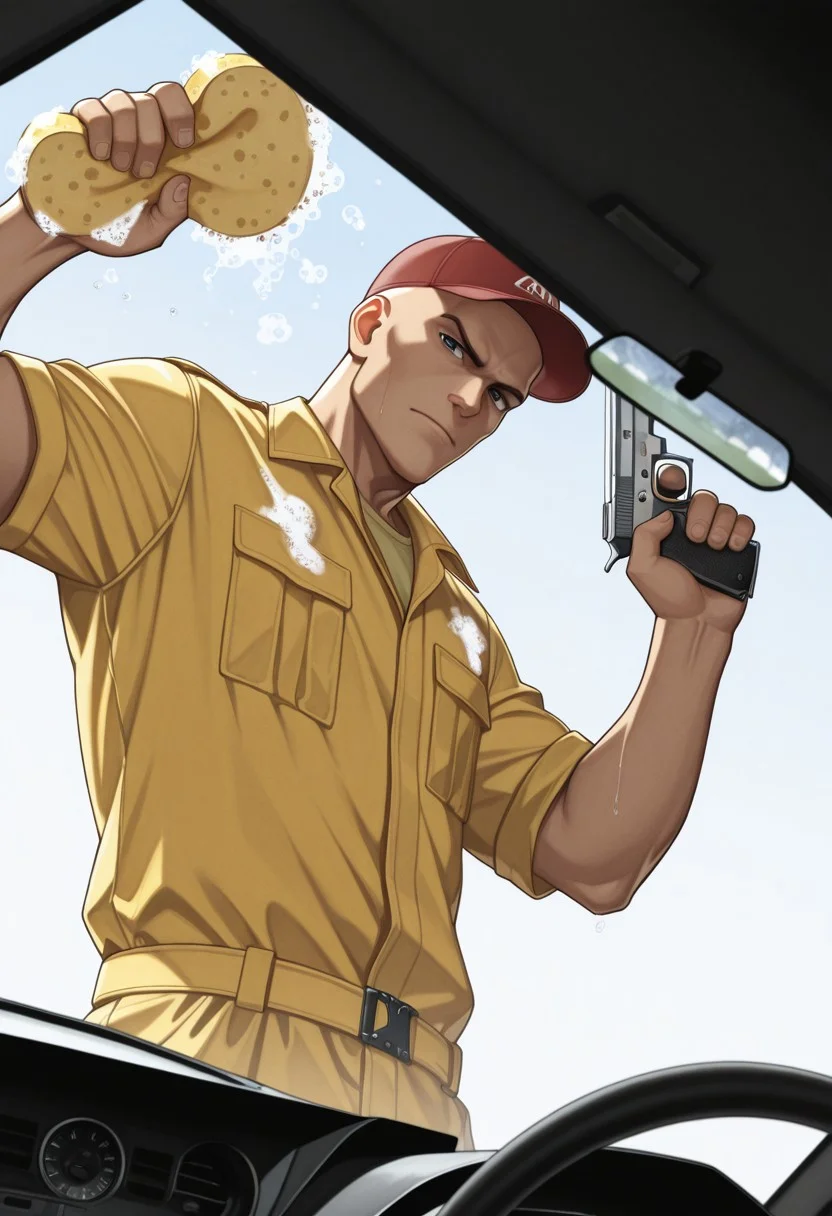 1boy, male focus, agent47, bald, uniform, yellow shirt, jumpsuit, upper body, red baseball cap, looking at viewer, silver gun, silver handgun, (aiming at viewer), windshield, washing vehicle, sponge, (holding sponge), holding gun, car interior, rear-view mirror, soap bubbles, from below, cowboy shot, masterpiece, best quality, amazing quality,