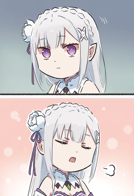 masterpiece,best quality,high resolution,source_anime,highly detailed illustration,
seductive, detailed eyes, (blurry background, depth of field, bokeh:0.9), very aesthetic,absurdres,newest, amazing quality,
detailed eyes, absurdres,newest, amazing quality,
<lora:shiXinzoroV1ill:1>, shixinzoruo, chibi,
<lora:shiEmiliaV12ill:0.8> shimilia, long hair, grey hair, purple eyes, pointy ears, crown braid, hair flower, hair ribbon, purple ribbon, x hair ornament, white dress, cleavage, bare shoulders, wide sleeves, white thighhighs, thigh boots,
looking at viewer, closed mouth, portrait,
silent comic, puff of air, 2koma,
natsuki subaru, motion lines, facial mark, gradient background, comic, upper body, closed eyes, open mouth,