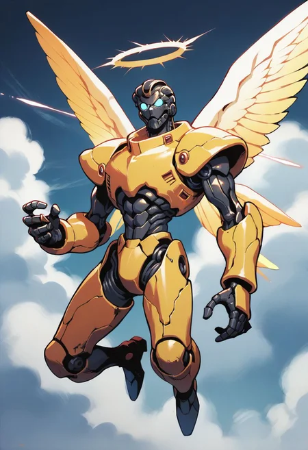 score_9, score_8_up, score_7_up,score_6_up, score_5_up, score_4_up,source_anime,retro artstyle,halftone effect,epic,intricate linework,solo,no humans,a biomechanical golden armored angel with energy wings and a mechanical halo and a robotic head and tubes and mechanical joints and glowing blue eyes holding a lance and flying in the sky,sky,flying,clouds,full body,1boy,creature