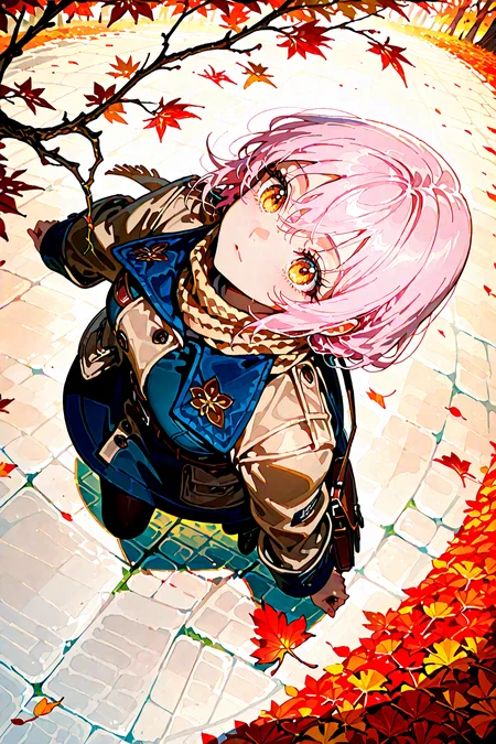 1girl, solo, cinematic angle, a woman walking along a gingko tree in autumn. The ground is covered with a carpet of yellow leaves, The woman is wearing a beige coat and a scarf. The background reveals a few buildings, few tree branches, Sunlight is filtering through the branches., cinematic shadows, vibrant, [(blue sky background:1.2)::0.1], (autumn background:1.2), very aesthetic, amazing quality, incredibly absurdres, ultra detailed, masterpiece, best quality, intricate details, good quality, newest, characters, detailed background, beautiful detailed, beautiful face, blight face, large pupil, eyelashes, <lora:illustrious_noobai_epsilon_pred_1_best_quality_v1:1> <lora:illustrious_noobai_epsilon_pred_1_masterpieces_v1:1> <lora:ponyv4_noob1_2_adamW:1.0> <lora:enhancerV4-pony:1>