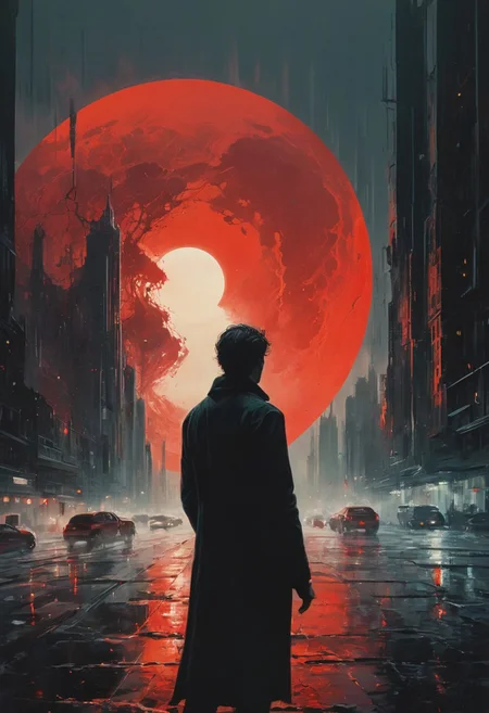 highly detailed and hyper realistic photo, by Alena Aenami , by Archibald Thorburn , by Daniele Afferni , ral-ertmsphr otclillsn carcosa city, cybersecurity meme, data flows, dynamic movement, bleaked red and black, a Vintage casual goddess inside of circle, looking curious, By Yoji Shinkawa, in the style of monochromatic silhouette reflection, limited dark palette, unusual dark colors, faded colors, atmospheric haze, highly dramatic cinematic lighting, motion blur, film grain, professional, excellent composition, finest details, maximized details, ultimate detail level, masterpiece, best quality