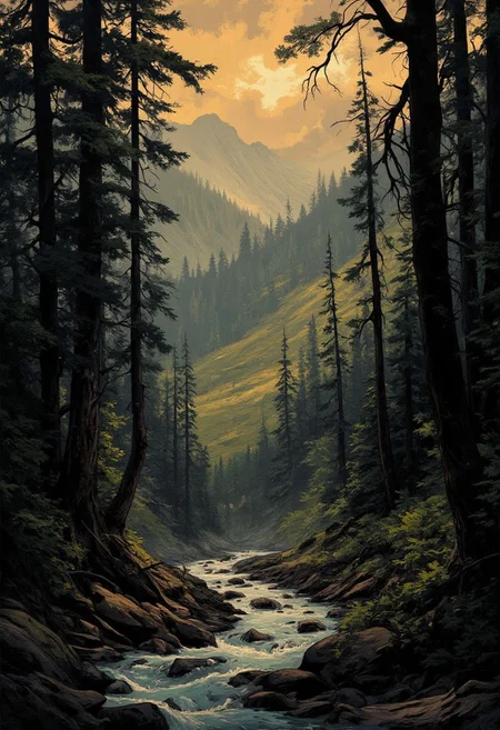 West of Arkham the hills rise wild and there are valleys with deep woods that no ax has ever cut. There are dark, narrow glens where the trees slope fantastically where thin brooklets trickle without ever having caught the glimpse of sunlight. When I went into the hills and vales to survey for the new reservoir, they told me the place was evil. They told me this in Arkham, and because that is a very old town, full of witch legends, I thought the evil must be something which grandmas had whispered to children through centuries. Then I saw the dark westward tangle of glens and slopes for myself and ceased to wonder at anything besides its own elder mystery. In the style of cksc, dreadmirthart, anime, cyberpunk, DB4RZ style painting, DB4RZ,