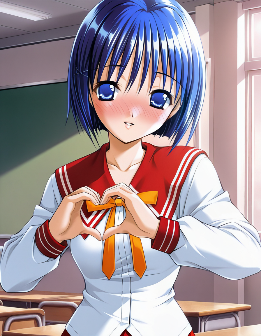 masterpiece, best quality, amazing quality, very aesthetic, absurdres, official art, ultra detailed,
1girl, solo, aikawa_chiharu, blue hair, blue eyes, short hair BREAK 
school uniform, serafuku, ribbon, red skirt
blush, seductive smile, parted lips, looking at viewer, 
standing, pinup, heart hands, 
in classroom, upper body, sharp focus, depth of field, highly detailed, soft shadows, 
<lora:aikawa chiharu v1.0-000017:1>