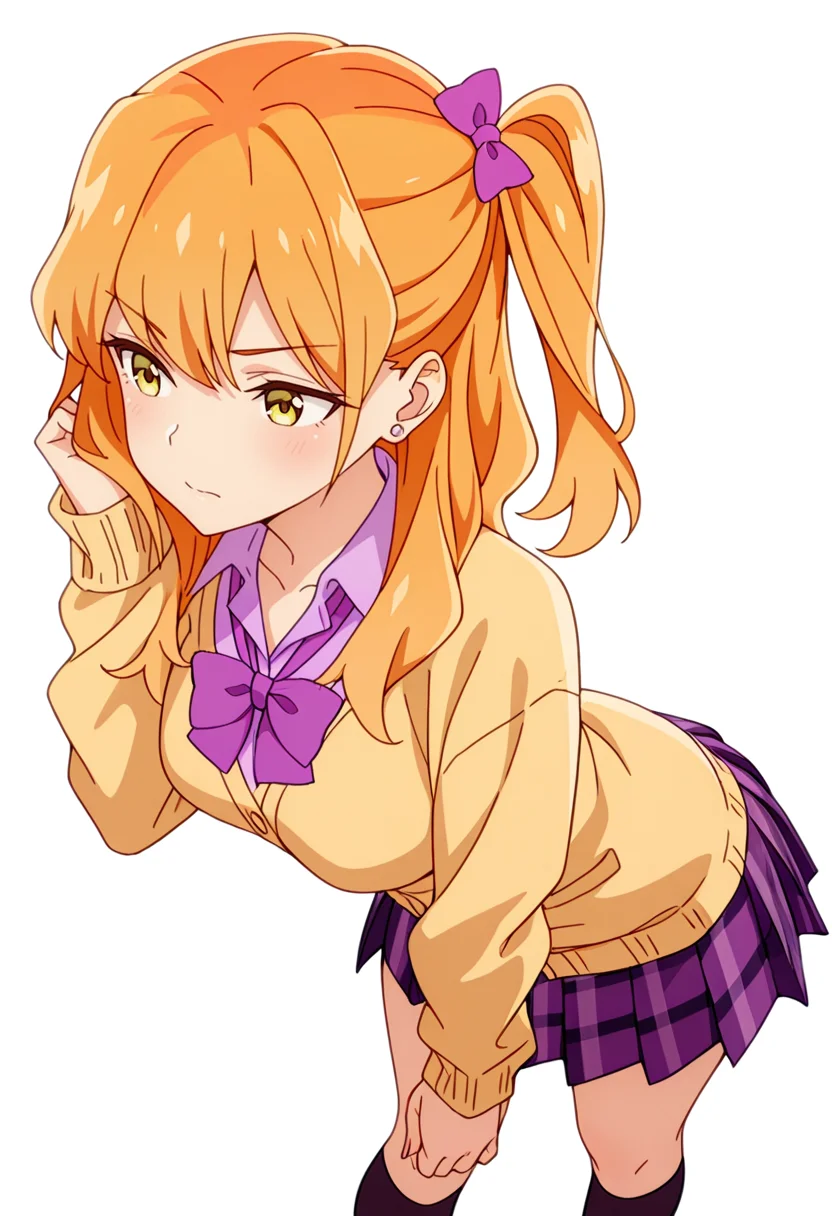 masterpiece,high quality details,absurdres, 
 <lora:Chibana_Sumika:0.8>
sumika_cnr, 1girl,orange hair, long hair, yellow eyes,one side up, bangs,stud earrings, 
sumika_s2, gyaru, kogal, plaid skirt, pleated skirt, yellow cardigan, collared shirt, hair bow,purple bowtie, kneehighs, stud earrings, long sleeves,, simple background, white background, from behind,solo,, d:,