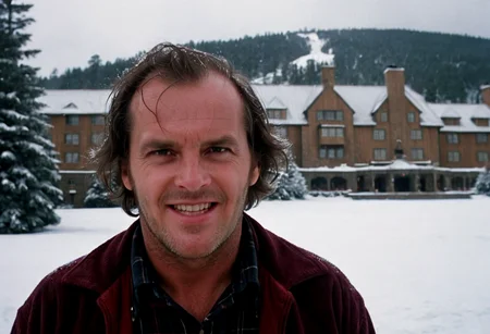 Jack Torrance, closeup, evil grin, Overlook Hotel in background, pine trees, snow, outdoors, highly detailed, 4K, (grainy analog 35mm photo)