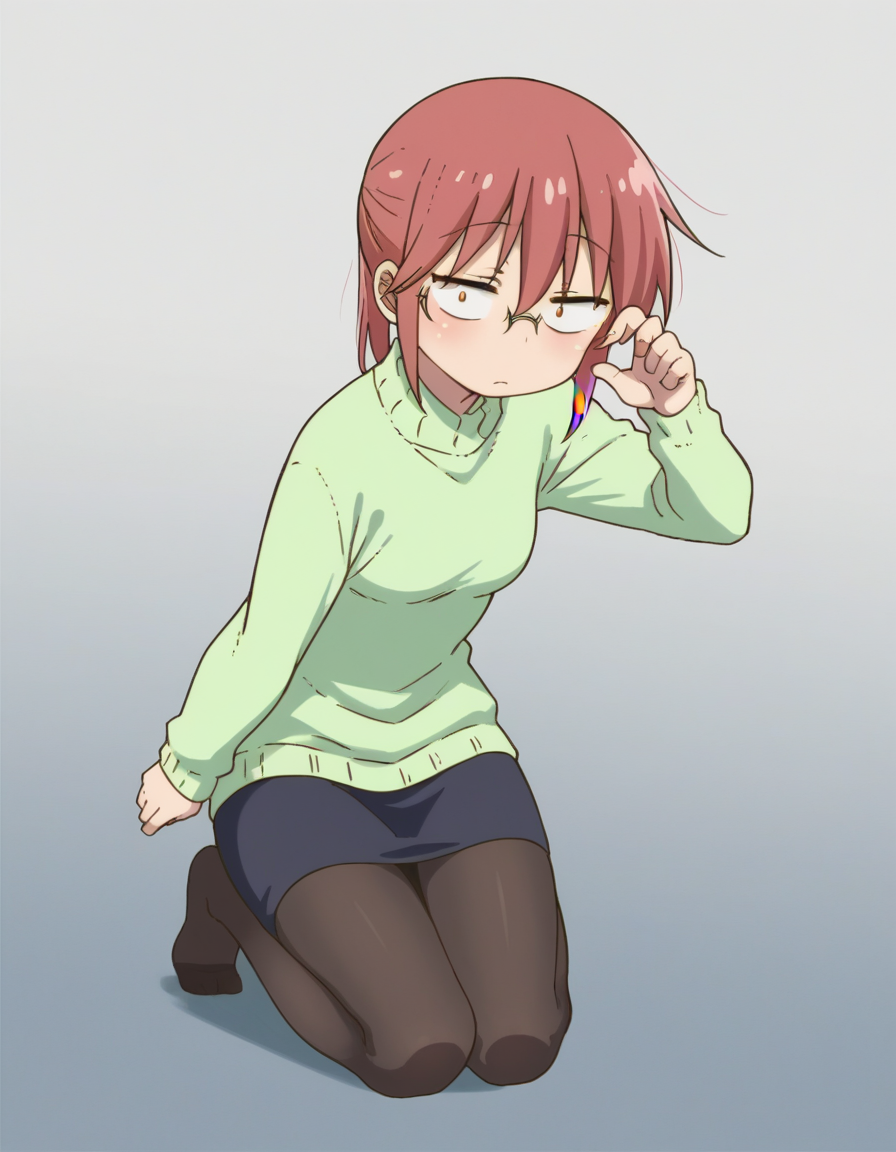 zPDXL, score_9, score_8_up, score_7_up, source_anime, (portrait),  <lora:KobayashiDragonPack:1> drgmd, 1girl, solo,
kobayashi \(maidragon\), red hair, ponytail, glasses, small breasts , sweater-dress, (pantyhose), no-shoes, messy-hair, speaking, talking, a-pose,