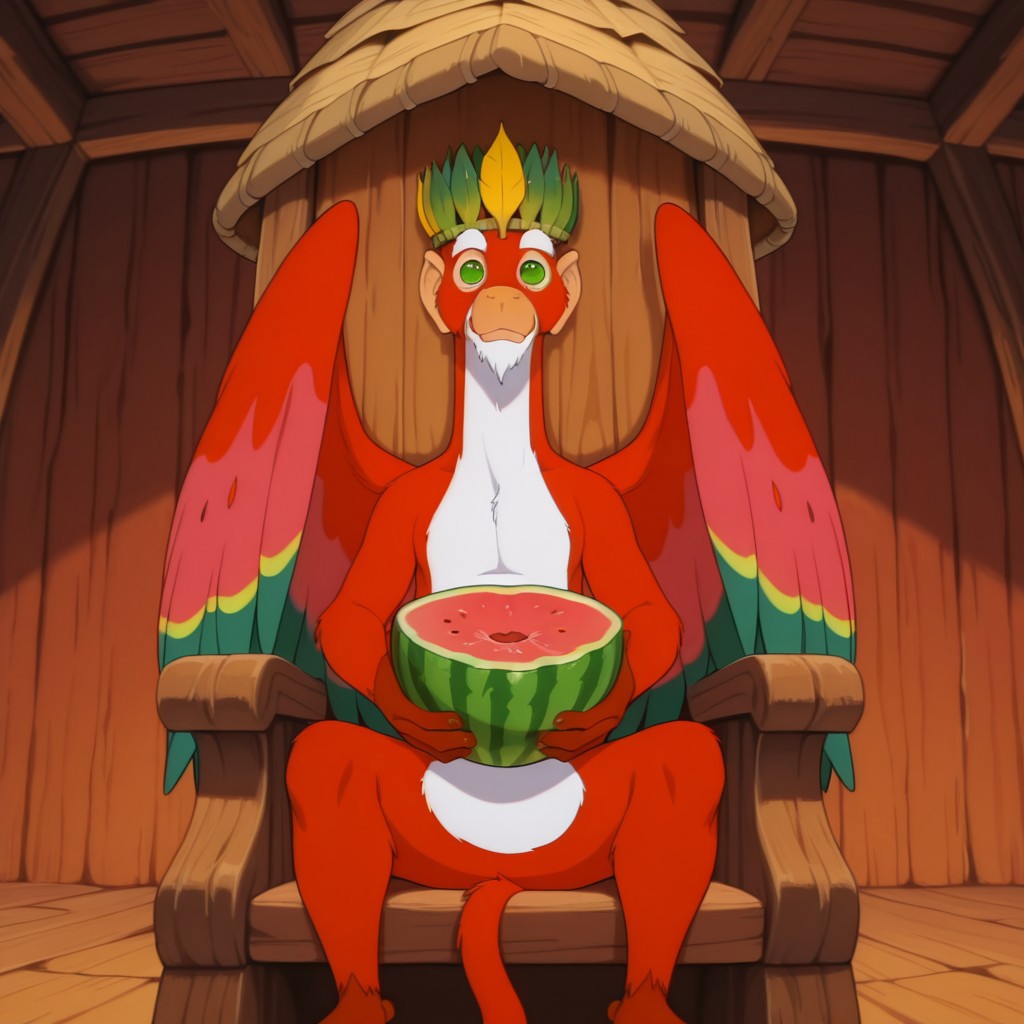 ((masterpiece, best quality, amazing quality,)) NiddlerPoDWil, semi-anthro, male, avian monkey, red feathers, wings, green eyes, white goatee, hut, leaf crown, sitting, in throne, holding food, watermelon