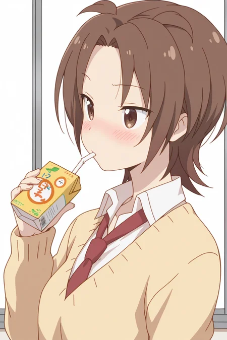 masterpiece, best quality, amazing quality,
<lora:Yuzu_IL:1> yuzu, juice box, brown hair, brown eyes, school uniform, drinking, necktie, blush, drinking straw, solo, red necktie, shirt, 1girl, short hair