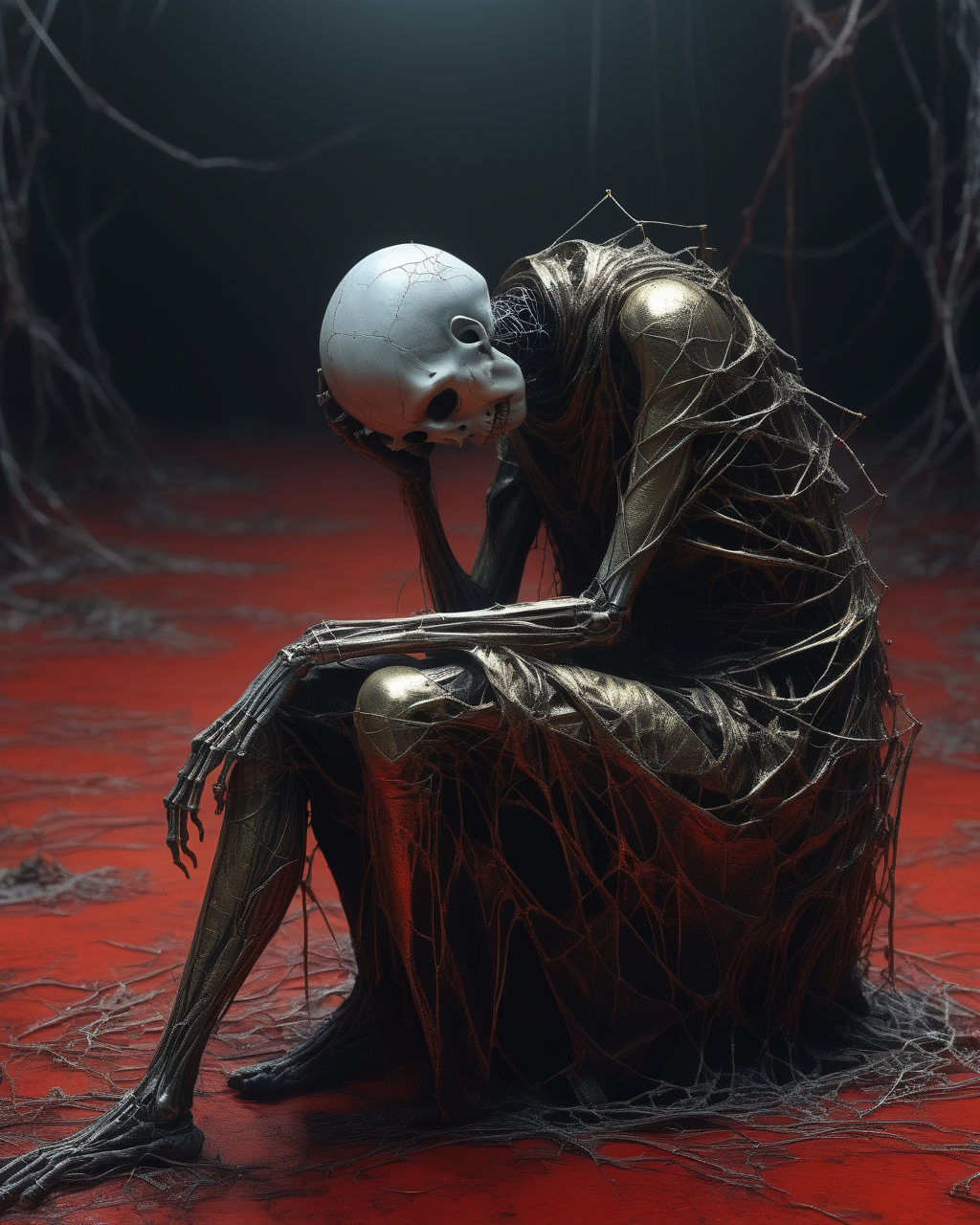 heartbroken liches, cobwebs, married liches getting a divorce, romance lost, heartache, undead, full body, sad, melancholy, silver, gold, Tim Burton, Nicola Samori, Beksinski,  dystopian surrealism, vivid intense colors, red, ultra focus, <lora:add-detail-xl:1> <lora:xl_more_art-full_v1:0.6>  <lora:XSfenlie:1> fenliexl