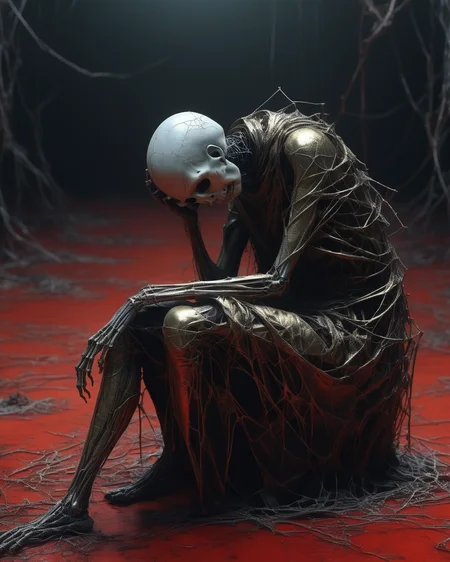 heartbroken liches, cobwebs, married liches getting a divorce, romance lost, heartache, undead, full body, sad, melancholy, silver, gold, Tim Burton, Nicola Samori, Beksinski, dystopian surrealism, vivid intense colors, red, ultra focus, <lora:add-detail-xl:1> <lora:xl_more_art-full_v1:0.6> <lora:XSfenlie:1> fenliexl