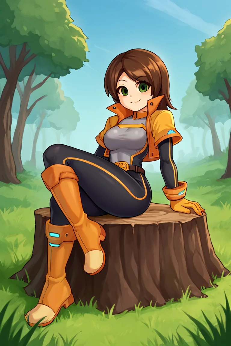 (Score_9,score_8_up,score_7_up, embedding:deep negative pony, beautiful face:0.8), BREAK 1girl, solo, sbmiigunneru, no sclera, green eyes, brown hair, parted bangs, medium hair, boots, knee boots, belt, orange jacket, grey bodysuit, gloves, cropped Jacket, smile, contrapposto, arched back, curvy, dynamic pose, feet out of frame, (forest:0.7), moss floor, grass, sitting on one leg, crossed legs, straight-on, blue sky, mid day, trees, sitting on tree stump, looking at viewer, 