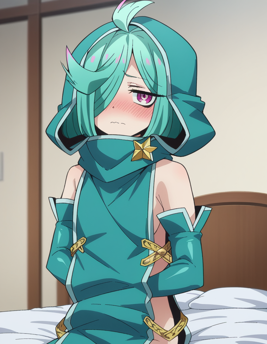 score_9, score_8_up, score_7_up, source_anime,
nemoanemo, <lora:nemo-anemo-ponyxl-lora-nochekaiser:1>
nemo anemo, short hair, green hair, pink eyes, hair over one eye, aqua hair, ahoge,
thighhighs, detached sleeves, hood, eyes, sideboob, sideless outfit,
indoors, bed, bed room, on side, blush, drunk,
looking at viewer, dutch angle, cowboy shot