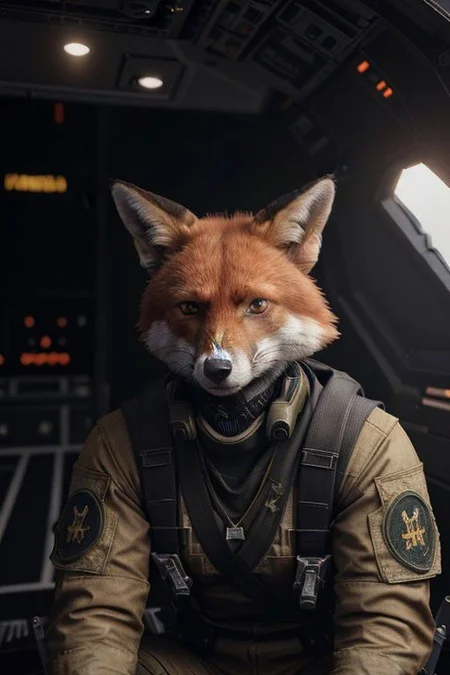 Red fox head reimagined as a Destiny game character, air force uniform, manly, at midday, deep focus, angry, sitting in cockpit of f-35 airplane (X symbol:1.11), Lens Flare, extremely hyper aesthetic, (sfw) <lora:picxer_real:0.5>, epic realistic, hyperdetailed, (cycles render:1.3), caustics, (glossy:0.58), (artstation:0.82), (intricate details:0.9), (hdr, hyperdetailed:1.2)