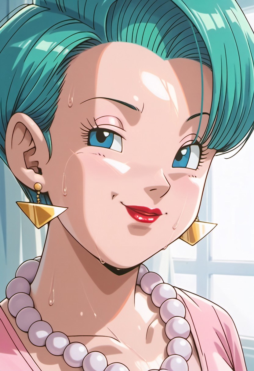 score_9, score_8_up, score_7_up, realistic, realism, HD, perfect quality, 16k, very detailed, realistic lighting, detailed face, BREAK, (((good_hands))), (((perfect eyes, bedroom eyes, (light smile:0.5)))), Dragon Ball GT, BREAK, solo, 1girl, (((BulmaGT, aqua hair, blue eyes, short hair, pearl necklace, red lips, makeup))), eye_focus, ((big breasts, big ass)), (bedroom eyes), (sweaty skin:1.2), looking at viewer, nervous, seductive, sensual, medium body size, slightly small neck, plumb body, voluptuous hips and thighs, curvy body size, microwaist, (obese female:-1.9), (plump saggy breasts:1.0), (feminine body, soft body:1.5), BREAK, 1girl, jewelry, solo, earrings, one eye closed, smile, short hair, pearl necklace, green hair, lipstick, looking at viewer, bead necklace, retro artstyle