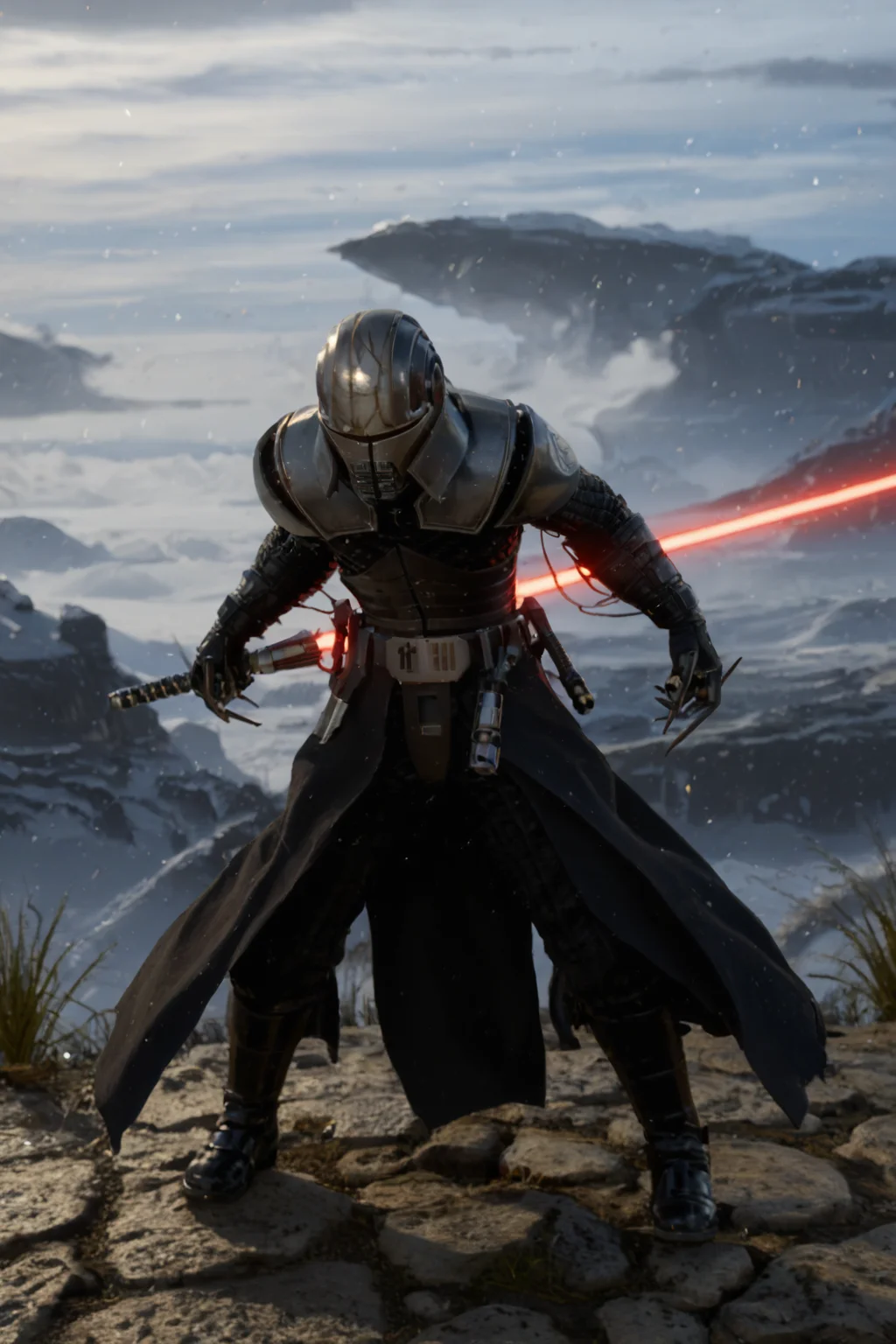 Strategy game style long shot scenic professional photograph of Fighting game style ((Glamour Portrait)),(score_9, score_8_up:1.1),score_7_up, 1boy, swStarKill3r, Imposing Sith Lord, menacing and powerful, always wearing a helmet, clad in intricate black and silver armor, wielding a single glowing red lightsaber, striking an ominous pose, surrounded by crackling force lightning, in a shadowy environment, fierce and ruthless, mysterious and intimidating, unstoppable dark force user, high contrast, detailed.
<lora:Starkiller_-_Galen_Marek_-_Star_Wars_-_PONY_-_Deal_project_SFW:0.9>
(randomized particles) . Dynamic, vibrant, action-packed, detailed character design, reminiscent of fighting video games, perfect viewpoint, highly detailed, wide-angle lens, hyper realistic, with dramatic sky, polarizing filter, natural lighting, vivid colors, everything in sharp focus, HDR, UHD, 64K . Overhead view, detailed map, units, reminiscent of real-time strategy video games