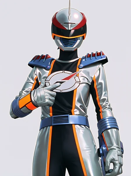 masterpiece, best quality, amazing quality, very aesthetic, absurdres, newest, anime screenshot, anime coloring, uncensored <lora:GoGo_Sentai_Boukenger_CharacterPack:1>bokensilver, solo, boksilv helmet, boksilv bodysuit, boksilv belt, boksilv gloves,, solo, tokusatsu, simple background,, simple background, white background, (v_sign:1) upper body, selfie, 1boy