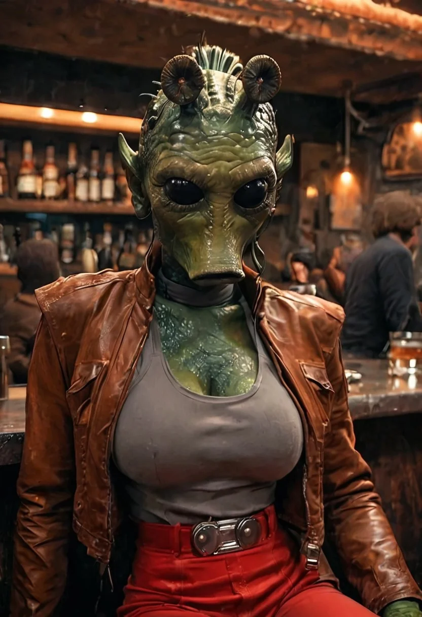 score_9, score_8_up, score_7_up, score_6_up, photo, pretty face, 1girl, rodian, colored skin, alien, (green skin:1.3), smooth skin, large breasts, black eyes, empty eyes, brown leather jacket, grey tank top, red leather pants, gunbelt, sitting, bar, cantina, science fiction, ExpresHGothicNeonIncase, star wars