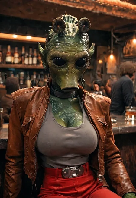 score_9, score_8_up, score_7_up, score_6_up, photo, pretty face, 1girl, rodian, colored skin, alien, (green skin:1.3), smooth skin, large breasts, black eyes, empty eyes, brown leather jacket, grey tank top, red leather pants, gunbelt, sitting, bar, cantina, science fiction, ExpresHGothicNeonIncase, star wars