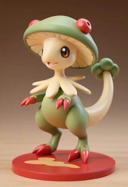 score_9, score_8_up, score_7_up, score_6_up,anime, 1girl, solo, Breloom, Pokemon (creature), green body, mushroom head, two claws, tail. Chibi