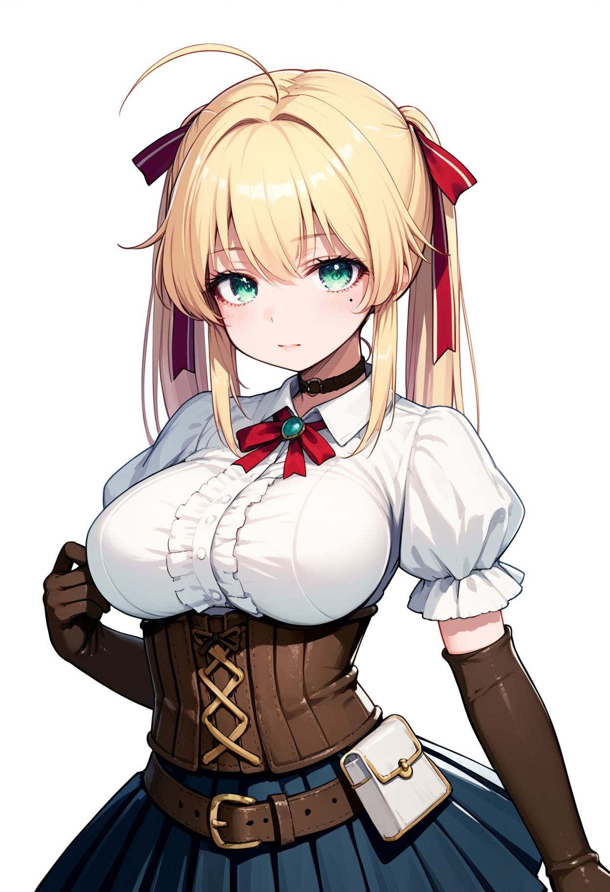 score_9, score_8_up, score_7_up,source_anime,rating_explicit,uncensored,anatomically correct,best perspective BREAK
1girl,  solo, white background, 
<lora:MagetanoOfTheCurseofKubel:1> magetano\(thecurseofkubel)\, green eyes, blonde hair, ahoge, long hair, large breasts, mole, mole under eye,  choker, 
twintails, ribbon, red ribbon, brown gloves, elbow gloves, pleated skirt, belt, underbust, puffy sleeves, short sleeves,