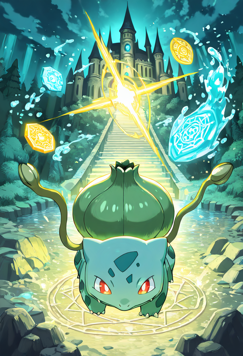 masterpiece, best quality, no humans,    zzBulbasaur, wizard hat, glowing staff, enchanted shell, magical runes, medieval castle, casting a water spell, mystical forest, ancient stone circle, sparkling aura, heroic expression  ,<lora:BulbasaurPokedex_IXL:1.0>,