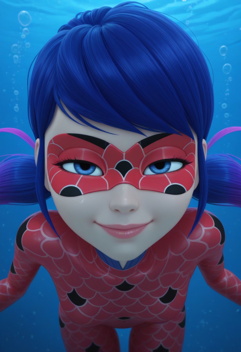 1girl, solo, aquabug, red bodysuit, blue eyes, twintails, long hair, gradient hair, blue hair, purple hair, happy, smile, lips, lipstick, domino mask, small breasts, looking at viewer, ((underwater, air bubbles, air bubble)), small lips, blue water, half-closed eyes, face focus, face close-up, young face, 18yo