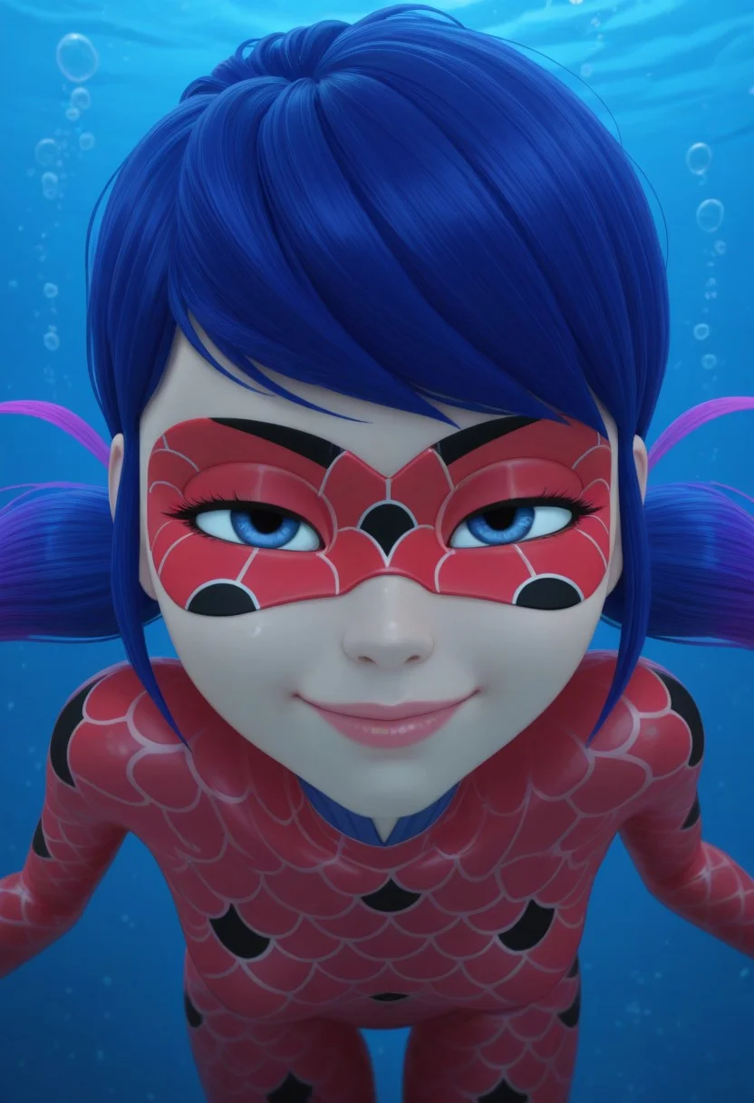 1girl, solo, aquabug, red bodysuit, blue eyes, twintails, long hair, gradient hair, blue hair, purple hair, happy, smile, lips, lipstick, domino mask, small breasts, looking at viewer, ((underwater, air bubbles, air bubble)), small lips, blue water, half-closed eyes, face focus, face close-up, young face, 18yo