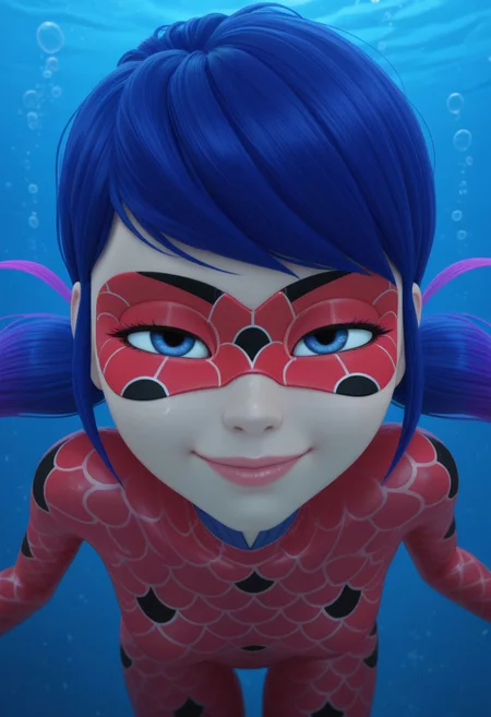 1girl, solo, aquabug, red bodysuit, blue eyes, twintails, long hair, gradient hair, blue hair, purple hair, happy, smile, lips, lipstick, domino mask, small breasts, looking at viewer, ((underwater, air bubbles, air bubble)), small lips, blue water, half-closed eyes, face focus, face close-up, young face, 18yo