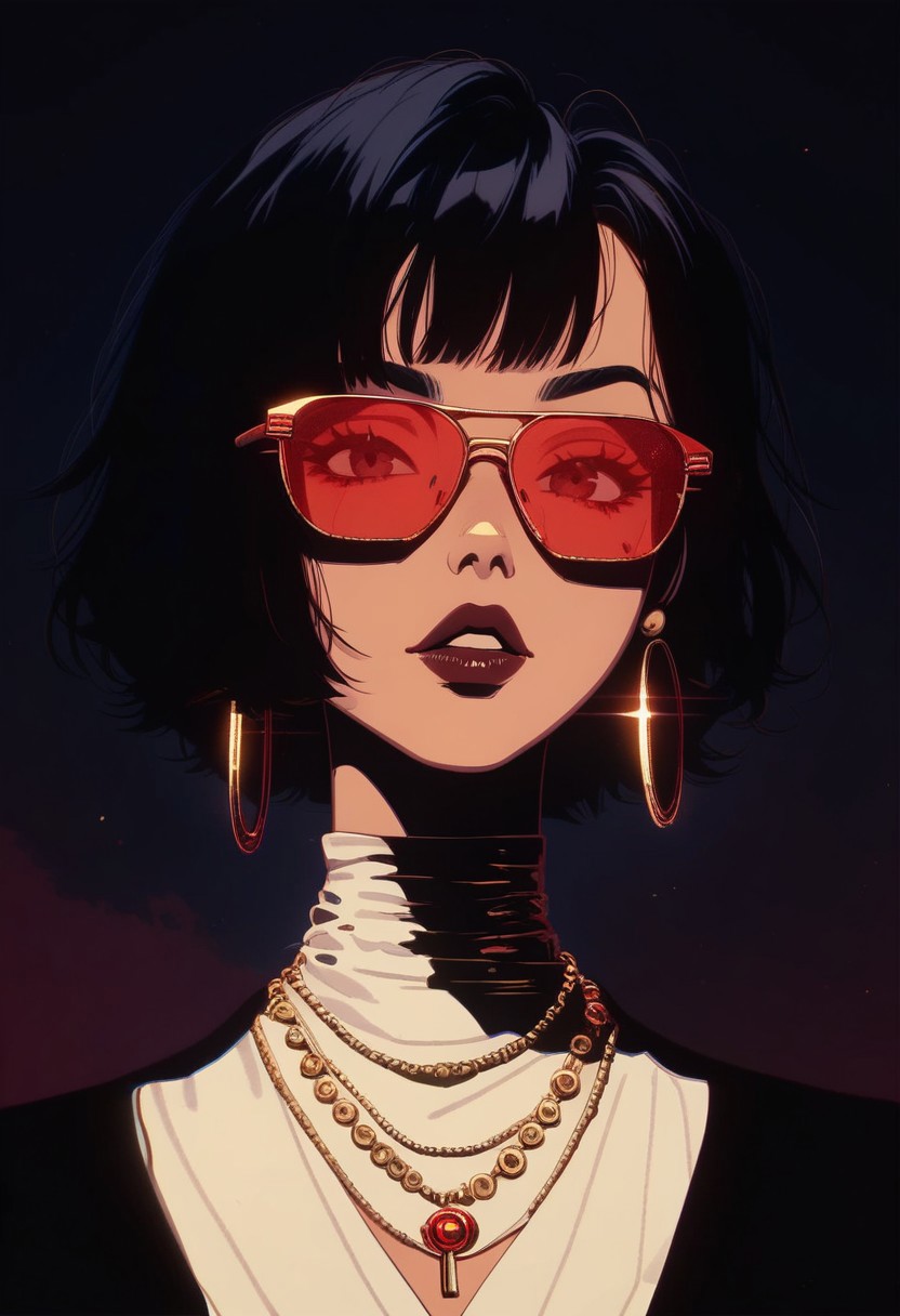 score_9, score_8_up, score_7_up, score_6_up, GHBL, zy_moore, Stylized digital portrait of a person with fair skin and short, dark hair. The subject is wearing red-tinted sunglasses, a white shirt, and a black blazer. They have a confident expression with slightly parted lips and a relaxed posture. The background is a solid, vibrant red, which contrasts with the subject's attire. The person is accessorized with gold jewelry, including a necklace with a pendant and small hoop earrings. The overall composition is bold and striking, with a focus on the subject's face and upper body, flat color, dark theme,