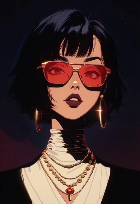 score_9, score_8_up, score_7_up, score_6_up, GHBL, zy_moore, Stylized digital portrait of a person with fair skin and short, dark hair. The subject is wearing red-tinted sunglasses, a white shirt, and a black blazer. They have a confident expression with slightly parted lips and a relaxed posture. The background is a solid, vibrant red, which contrasts with the subject's attire. The person is accessorized with gold jewelry, including a necklace with a pendant and small hoop earrings. The overall composition is bold and striking, with a focus on the subject's face and upper body, flat color, dark theme,