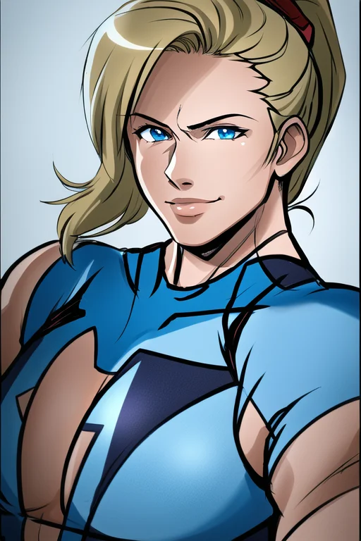 1girl, samus aran, highly detailed eyes, intricate details, ((realistic)), round pupils, solo, blue eyes, blonde hair, ponytail, short hair, (zero suit), ((cartoon)), looking at viewer, smug, soft lighting, muscular female, forest,