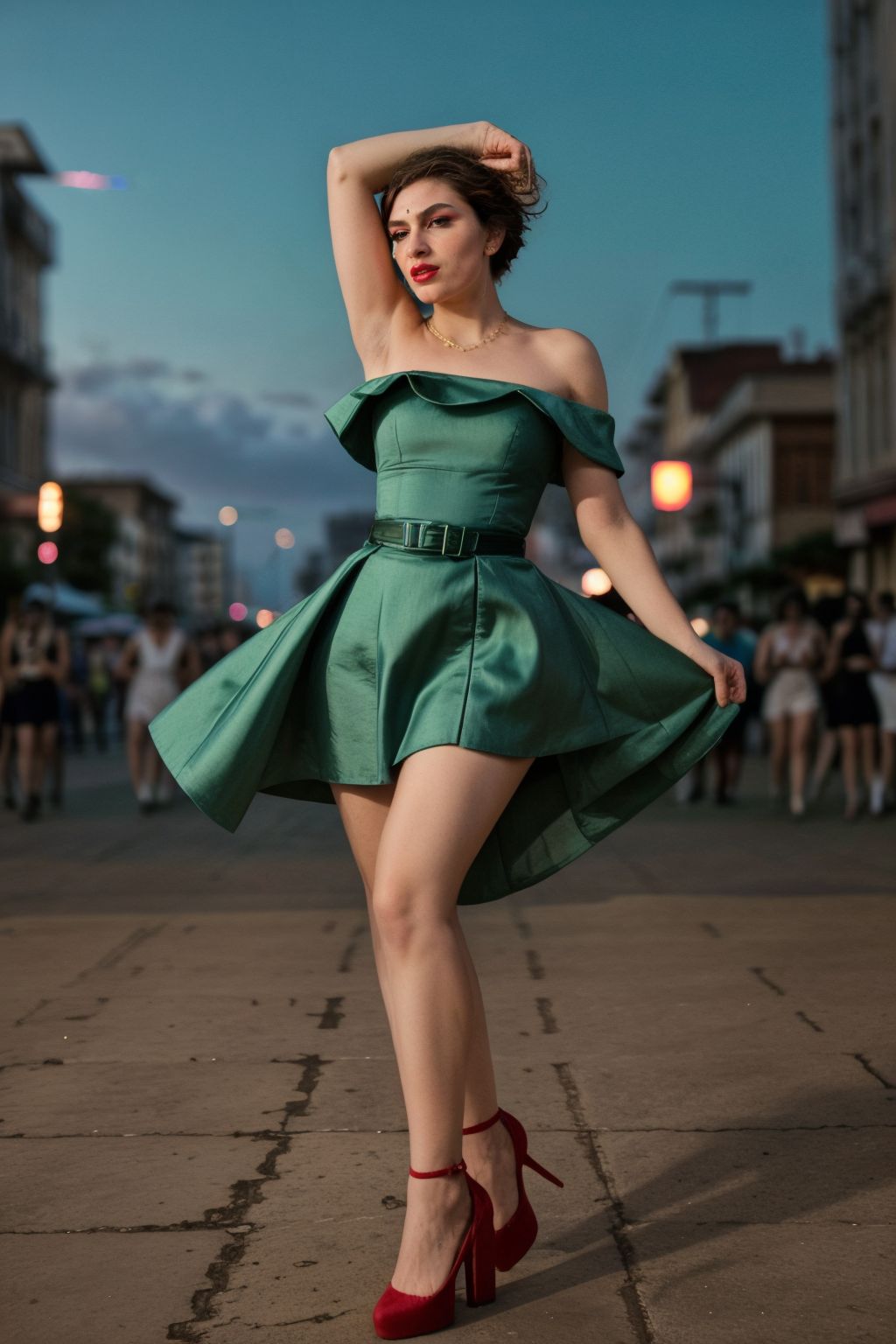 <lora:LCM_LoRA_Weights_SD15:1>,<lora:detail_slider_v4:1.3>,(spirited rumba dancer) 30year old adult (Women:1.3), cameltoe:1.3, Well-defined muscles body build, medium white Hairs, retro haircut, , german, fair  skin, wearing a green off-shoulder rumba dress, character shoes, bold red lipstick, sash,carrying maracas, set in a street festival, with food stalls, a parade, spontaneous dancing breaking out , under the moonlight,(full body:1.3),(full shot:1.3),(wide shot:1.3),(full body portrait:1.3),from outside:1.1,fashion editorial photography, high-fashion imagery, avant-garde aesthetics, editorial storytelling, conveying fashion trends and concepts, artistic interpretation, expert styling, professional lighting, capturing fashion-forward visuals, creating visual impact, evoking emotion, pushing creative boundaries,