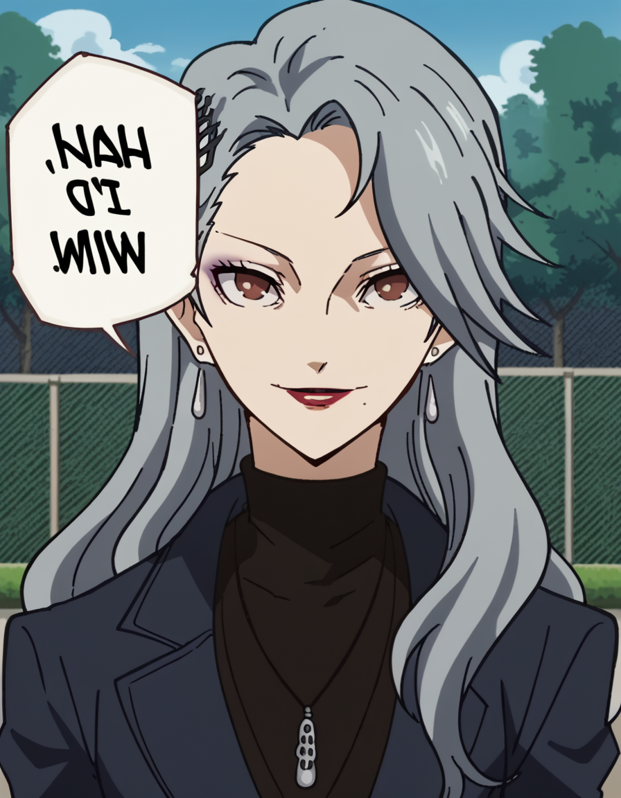 score_9, score_8_up, score_7_up, source_anime, <lora:sae-niijima-s1-ponyxl-lora-nochekaiser:1>, sae niijima, long hair, hair ornament, brown eyes, grey hair, makeup, lipstick, mole under mouth, red lips, medium breasts, mature female, anime screencap, long sleeves, jewelry, jacket, earrings, pants, necklace, coat, turtleneck,, zoo, animals, cages, visitors, park, smile, <lora:nah-id-win-ponyxl-lora-nochekaiser:1> nah id win, nah i'd win (meme), english text, speech bubble, meme, talking, straight-on, portrait,, looking at viewer, solo,, dutch angle, cowboy shot