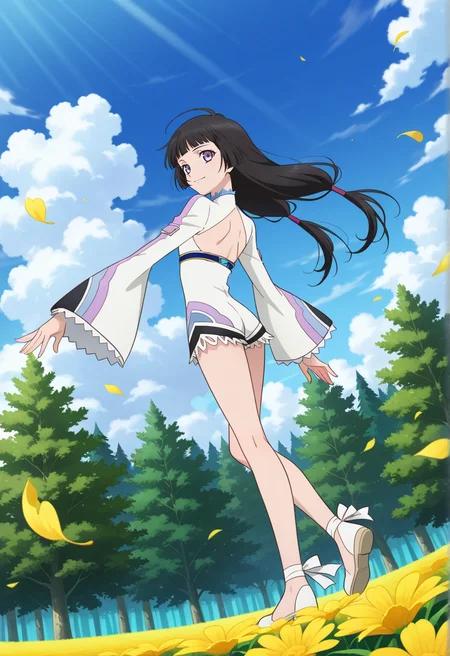 floating hair, light smile, yellow leaves, looking sideways,
full body, dynamic angle,
BREAK,
<lora:kohak_illustriousXL_v03:1>
kohakdef, black hair, purple eyes, very long hair, blunt bangs, ahoge, low tied hair, twintails,
white bodysuit, long sleeves, wide sleeves, lace, back cutout, laced sleeves,
bare legs, long legs, white footwear, pointe shoes, flat shoes,, source_anime, very aesthetic, anime coloring, masterpiece,
best quality, amazing quality, ultra detailed, very aesthetic,
detailed background,
BREAK,, forest, flowers, clouds, day, floating leaves,
