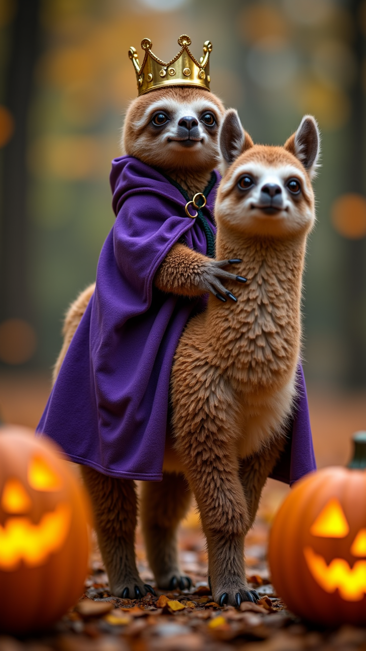 A super cute Photo of a sloth King with crown, wearing a magic robe riding on a cute Llama, halloween theme, halloween sourroundings with glowing pumpkins,    ,aidmaHyperrealism